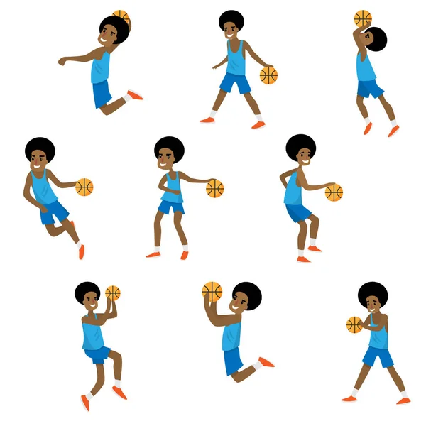 Uppsättning av olika åtgärder av afrikansk Basketball Character Boy — Stock vektor