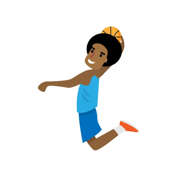 Ung afrikansk pojke hoppar med bollen på basketmatch — Stock vektor