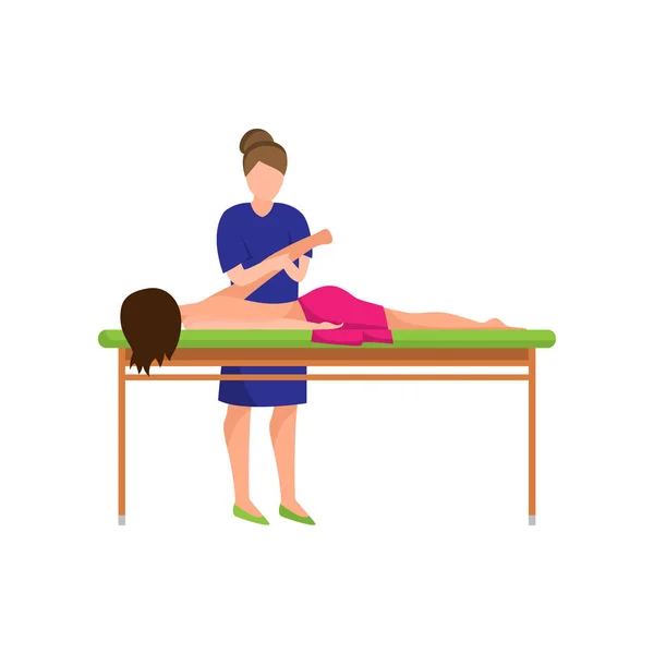 Heilbehandlung Massage der Hand einer kranken Frau im weichen Bett — Stockvektor
