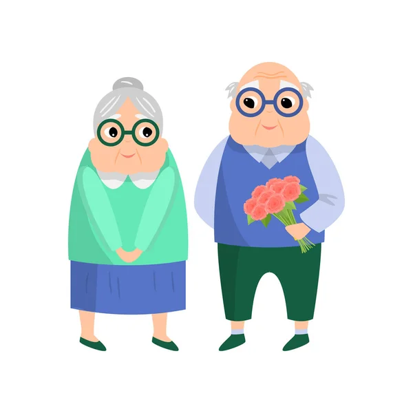 Liebliches Seniorenpaar, alter Mann schenkt Blumenstrauß — Stockvektor