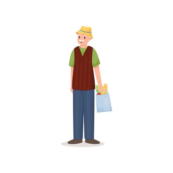 Netter lächelnder Rentner mit gelbem Hut und Einkaufstasche — Stockvektor