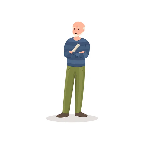 Roztomilý holohlavý starší muž se zelenými kalhotami a čerstvými novinami — Stockový vektor