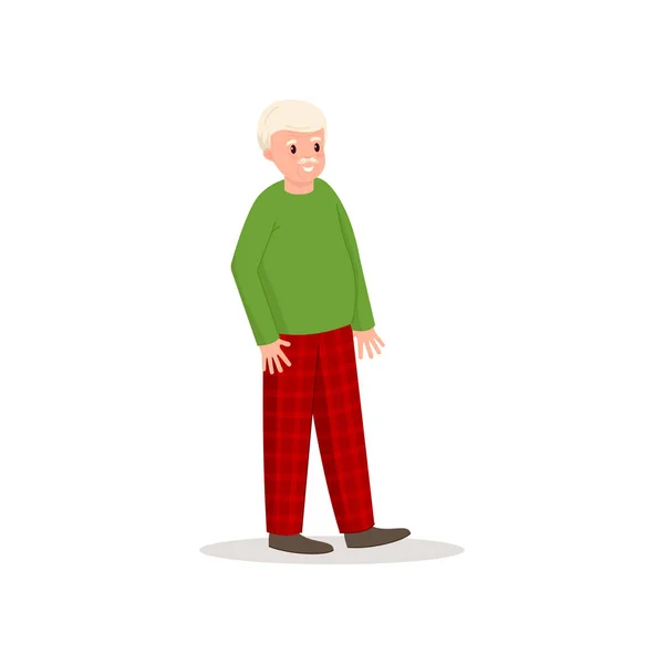 Lindo abuelo sonriente con cabeza de pelo blanco y pantalones rojos — Vector de stock