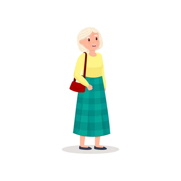 Mulher velha sorridente bonito com bolsa de mão vermelha — Vetor de Stock