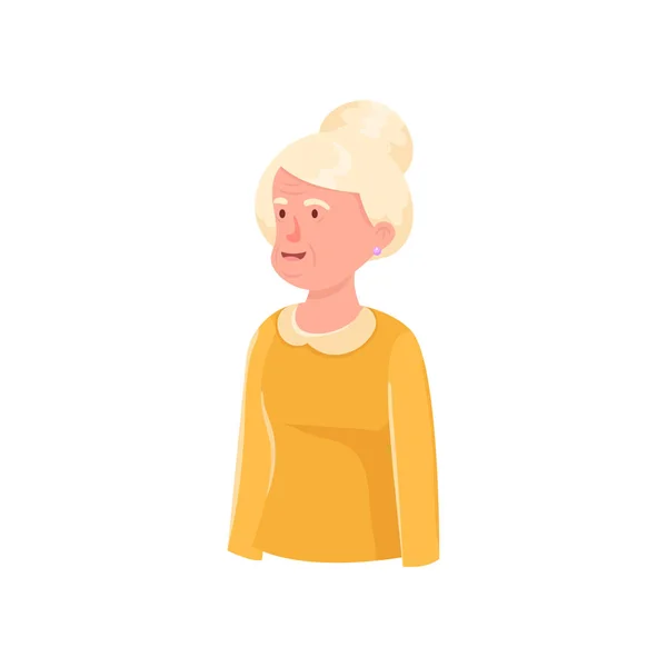Niedliche Oma Avatar mit weißen Haaren in gelbem Kleid — Stockvektor