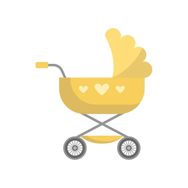 Cute yellow baby stroller with hearts design and basket — Stock Vector