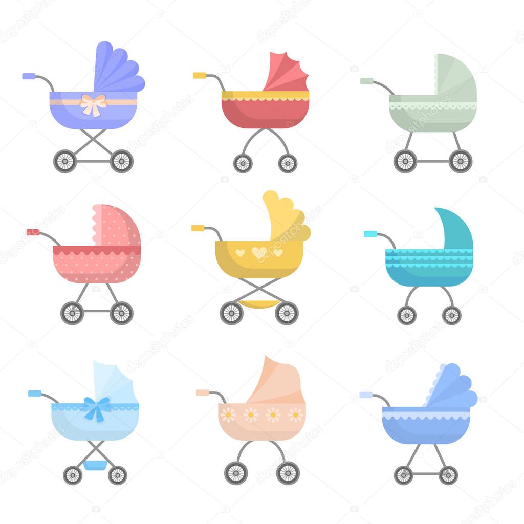 Set of cute colorful baby stroller, modern design and basket