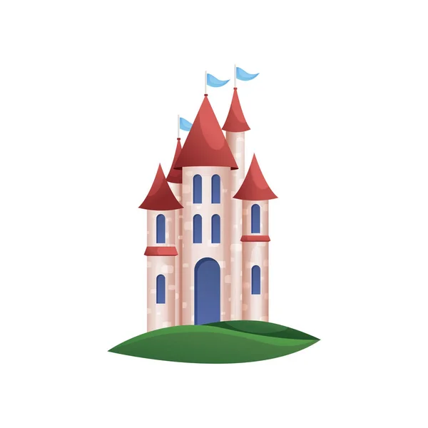 Castillo caballero reino de piedra con ventanas azules y techo rojo — Vector de stock