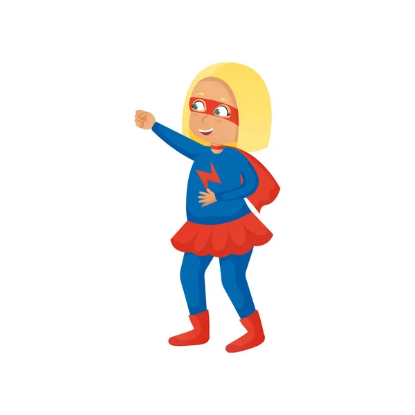 Lächelndes blondes Mädchen im rot-blauen Superheldenkostüm — Stockvektor