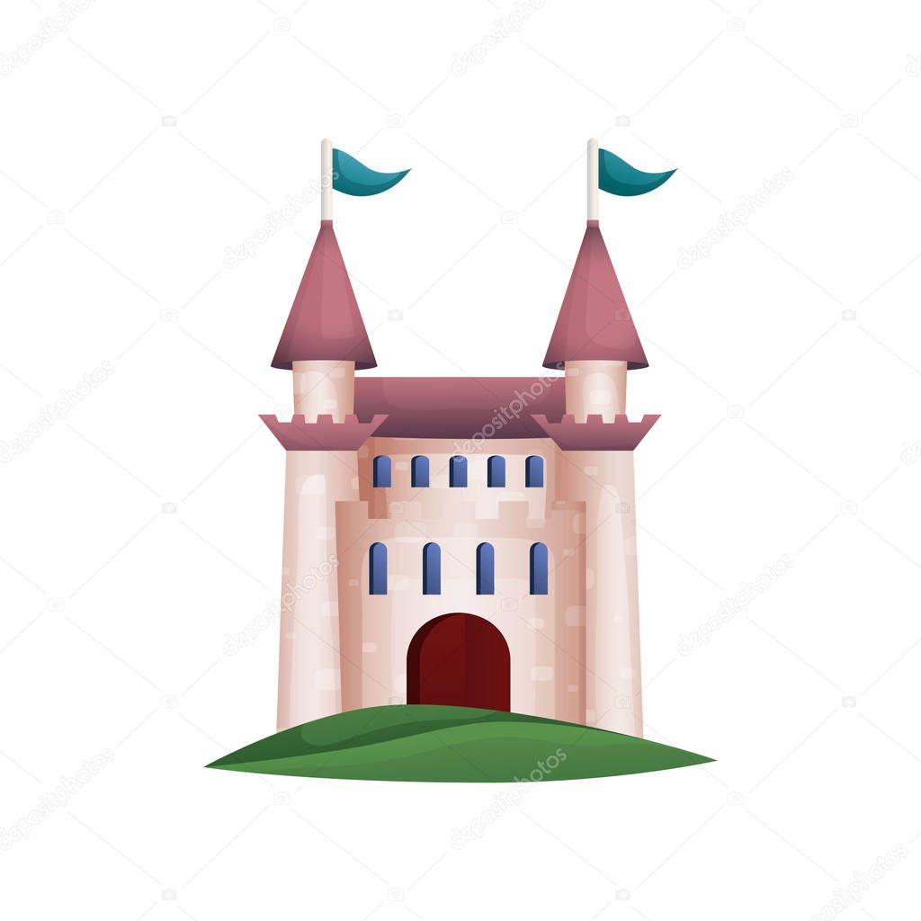 Medieval knight tower castle with big wood door and green yard grass. Cartoon style. Vector illustration on white background