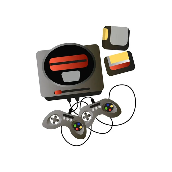 Ретро відеоігровий пристрій з двома джойстиками та іграми — стоковий вектор