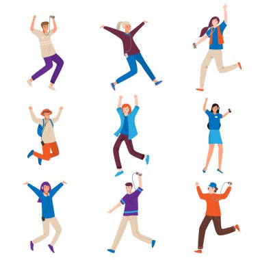 Modern müzik cihazı ile genç dans insanlar seti