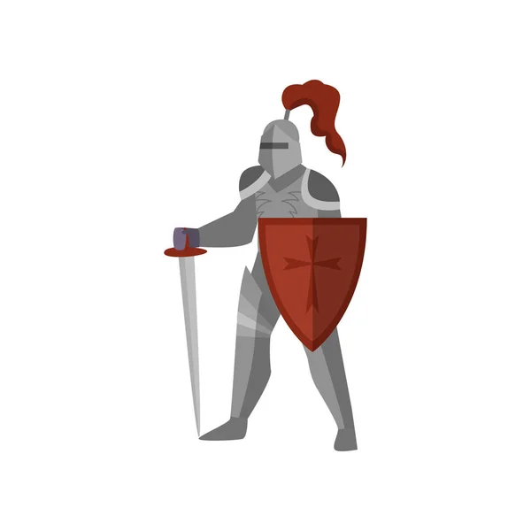 長剣と赤十字シールドを持つ中世の騎士 — ストックベクタ