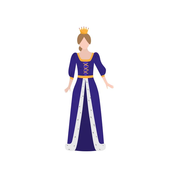 Linda princesa medieval con corona de oro y vestido azul largo — Vector de stock