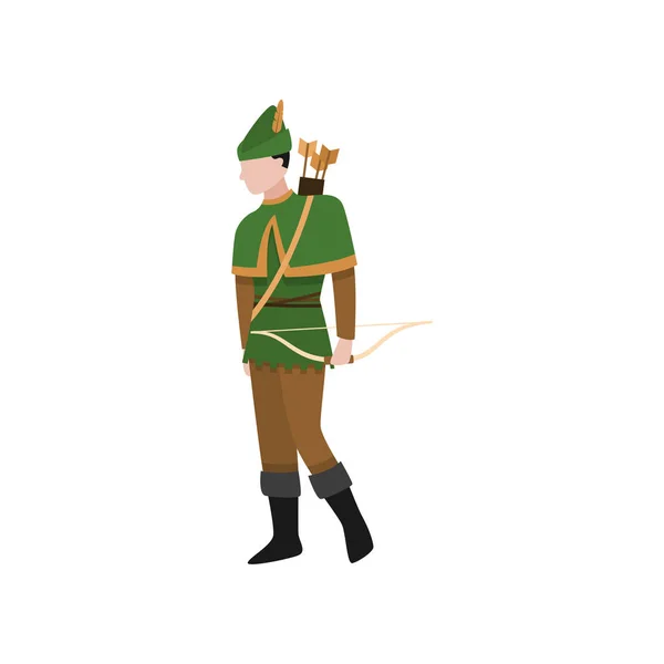 Arquero de bosque medieval en ropa verde y sombrero de cazador — Vector de stock