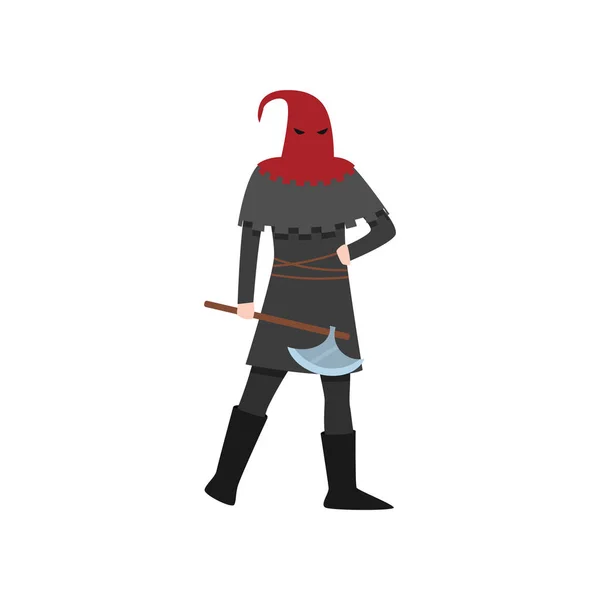 Verdugo medieval hombre con la cabeza roja y hacha de acero — Vector de stock