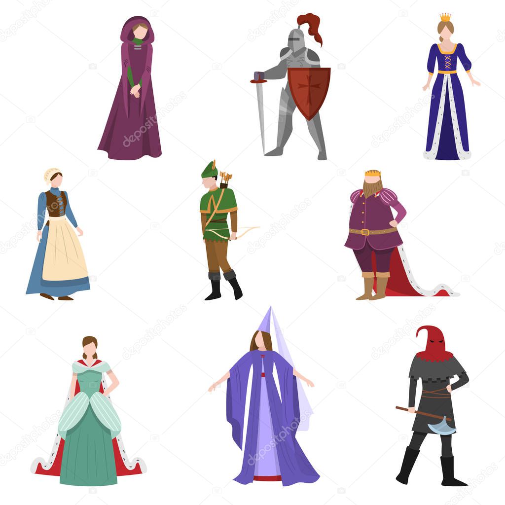 Set of different medieval people in colorful clothes or costume