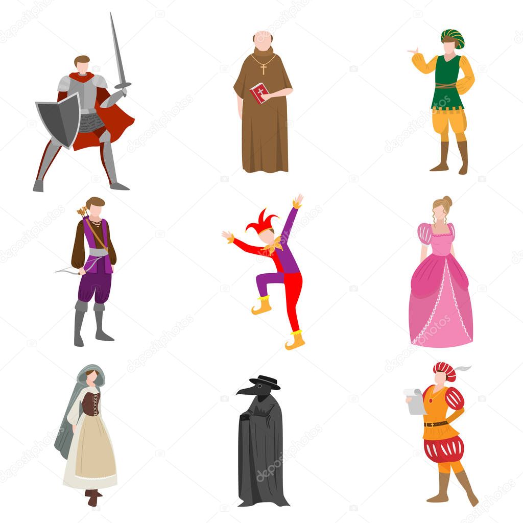 Set of different medieval people in colorful clothes and objects