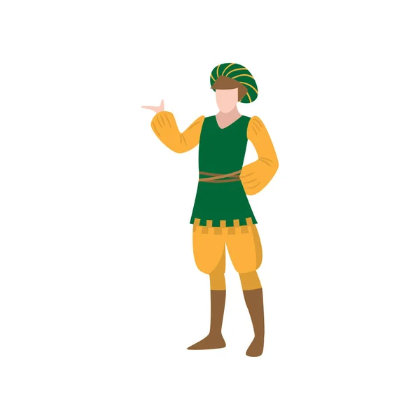Hombre medieval castillo real en chaleco verde y ropa amarilla — Vector de stock