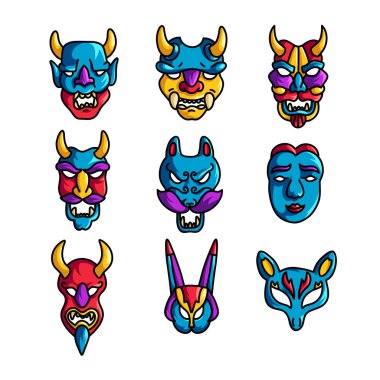 Boynuzları ve korkutucu emoji ile renkli tatil maskesi seti