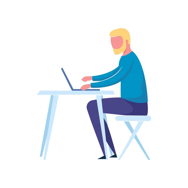 Blonde freelancer man working at his modern laptop at table — Stock Vector