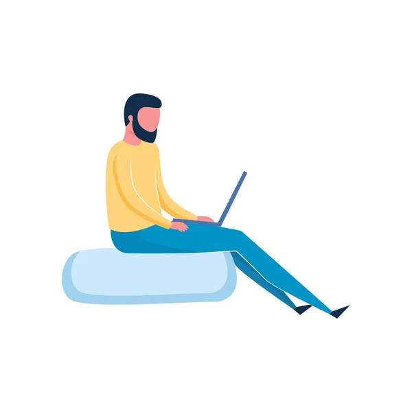 Beard man sitting at soft bag and working at his laptop — Stock Vector
