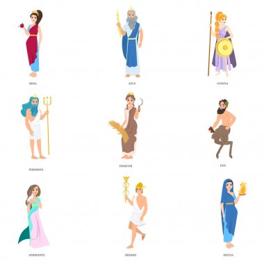 Set of cute greek gods character in different poses and clothes clipart