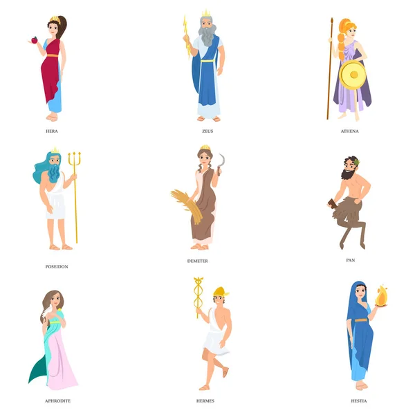 Set van schattige Griekse goden karakter in verschillende poses en kleren — Stockvector