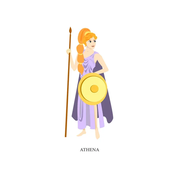 Mignon cheveux roux femme grecque dieu Athéna avec bouclier doré — Image vectorielle
