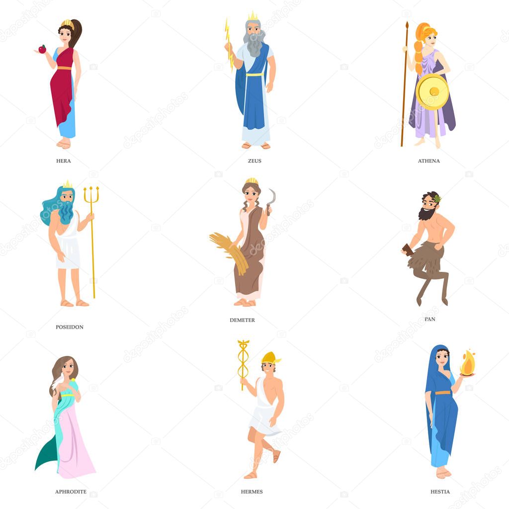 Set of cute greek gods character in different poses and clothes