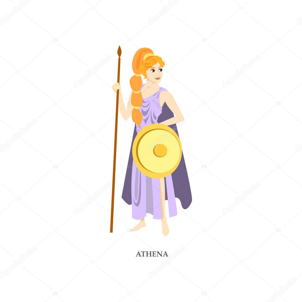 Cute red hair greek woman god Athena with gold shield and long spear. Flat style. Vector illustration on white background