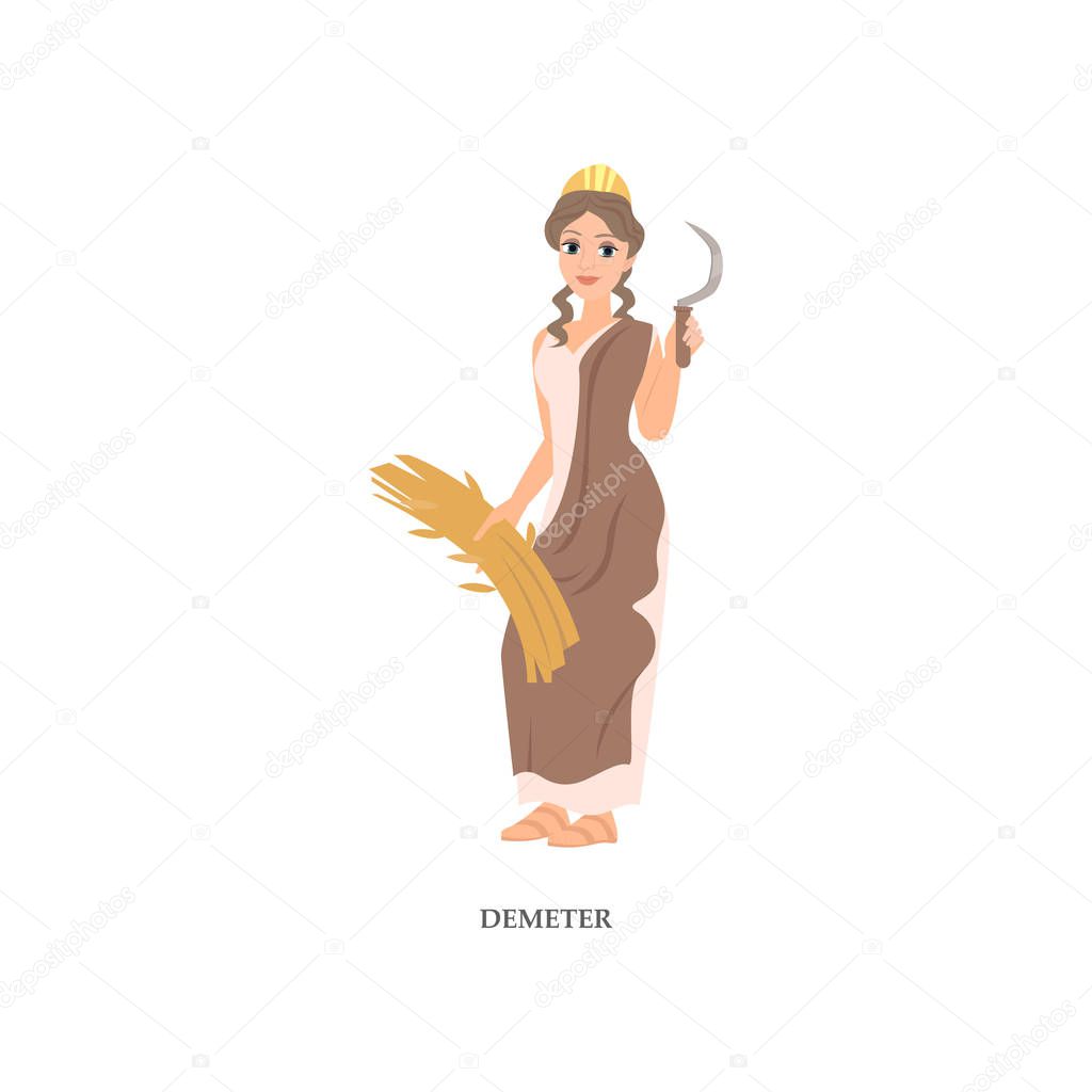 Greek woman god Demeter with gold crown and branch wheat