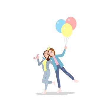 Doğum günü renkli balonlar ile iki mutlu gülümseyen kız