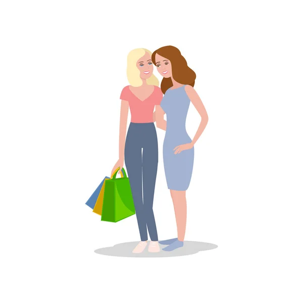 Dos felices novias sonrientes regresan del centro comercial — Vector de stock