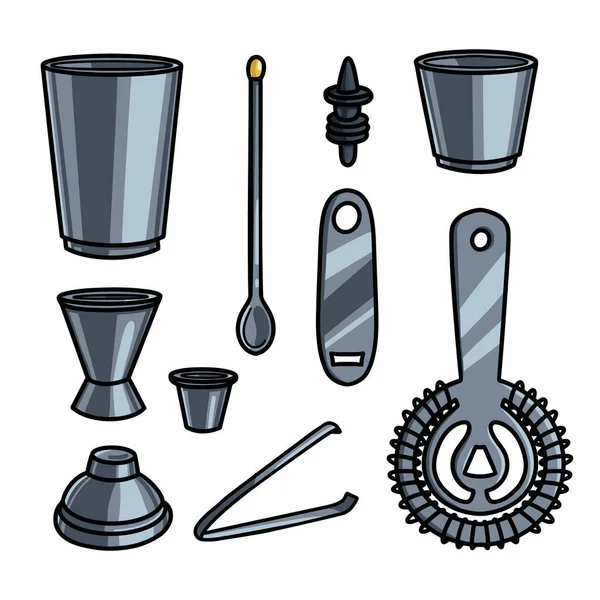 Комплект металлического оборудования для барменов или вспомогательных инструментов — стоковый вектор