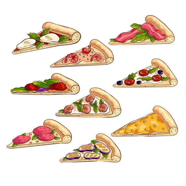 Набор различных вкусных ломтиков свежей итальянской пиццы — стоковый вектор