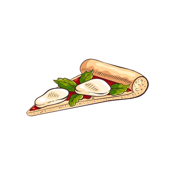 Кусок вкусной пиццы с сыром моцарелла и зелеными листочками — стоковый вектор