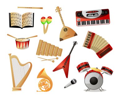 Okul veya üniversite için modern veya eski müzik aleti seti