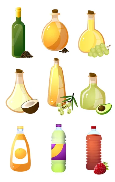 Σετ από γυάλινο μπουκάλι από διαφορετικό έλαιο ή ξύδι για την κουζίνα — Διανυσματικό Αρχείο