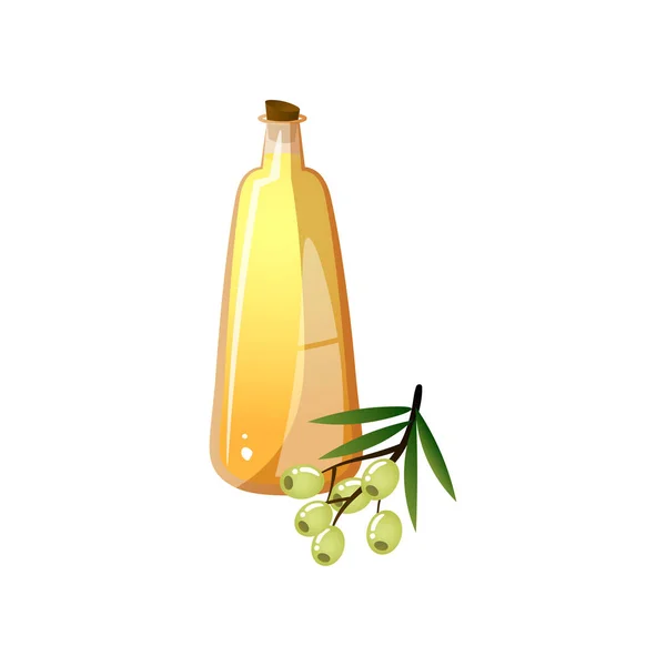 Szklana butelka oleju świeże zielone greckie oliwki oddział — Wektor stockowy