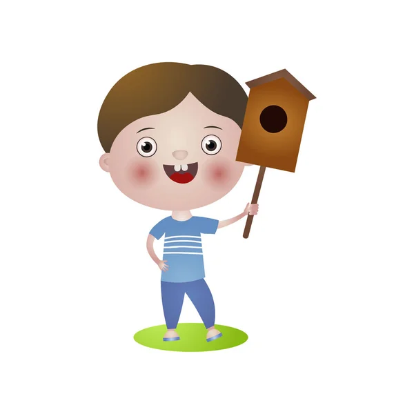 Счастливый улыбчивый мальчик возьмет в руки птичий деревянный дом — стоковый вектор