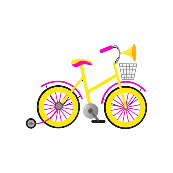 Colorful girl kid bicycle with basket and additional wheels — Stock Vector