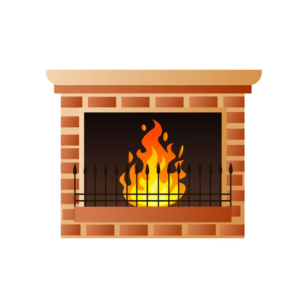 Casa clásica chimenea de ladrillo con fuego ardiente y puerta de metal — Vector de stock