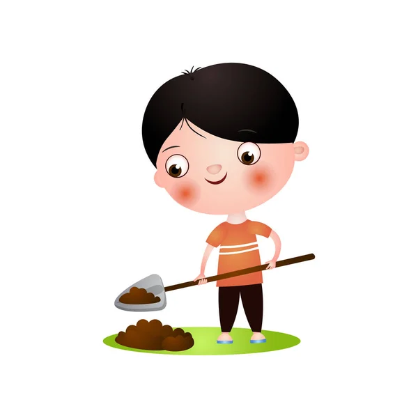 Симпатичный улыбающийся брюнетка мальчик копает в саду с лопатой — стоковый вектор