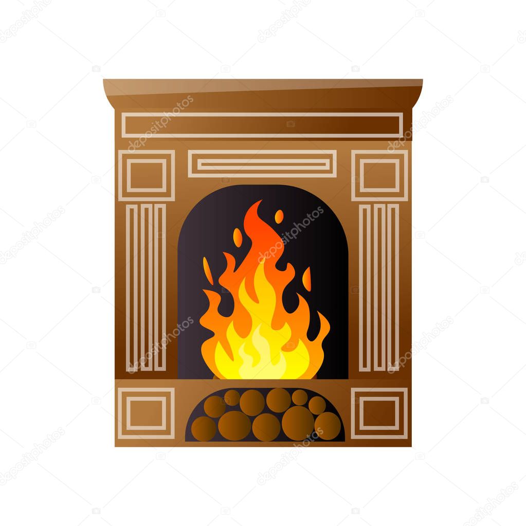 Classic luxury vintage fireplace with burning fire and wood place