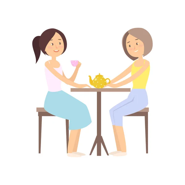 Two smiling girlfriends stay in kitchen and drink hot tea — Stock Vector