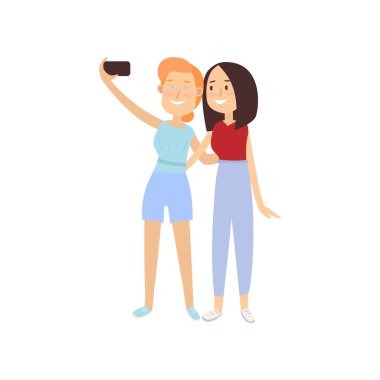 İki gülümseyen mutlu kız modern selfie çekmek