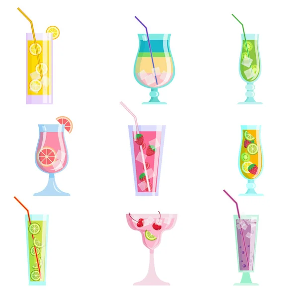 Modern renkli lezzetli meyve suyu kokteylleri seti, yaz — Stok Vektör