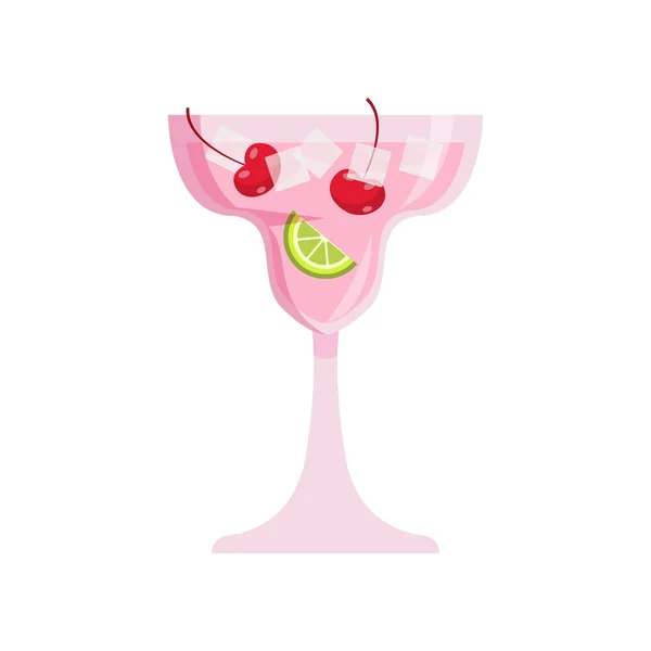 Lady cold cocktail with red cherry and green lime piece — Stock Vector