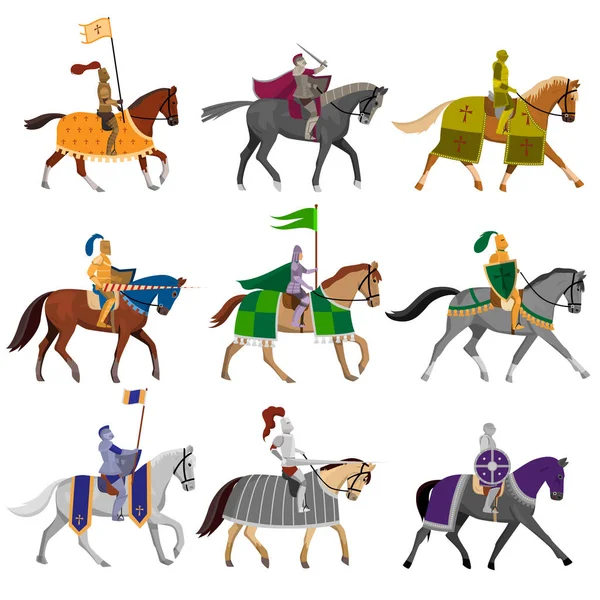 Conjunto de antiguos caballeros medievales en casco con diferentes caballos — Vector de stock